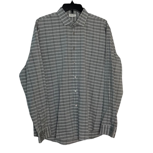 Calvin Klein L Large 16 1/2 Button Front Shirt Plaid Long Sleeve 34 35 Gray NWOT - Picture 2 of 9
